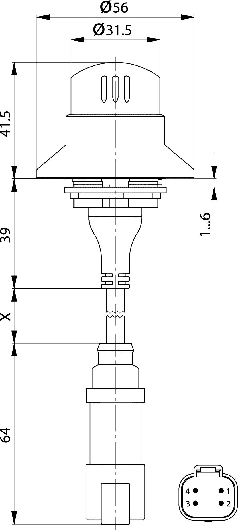Technical drawing of an electrical component with dimensions. Contains diameter of 56 mm and 31.5 mm, length 64 mm.