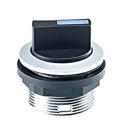 A silver and black threaded rotary knob, commonly used for electronic devices.
