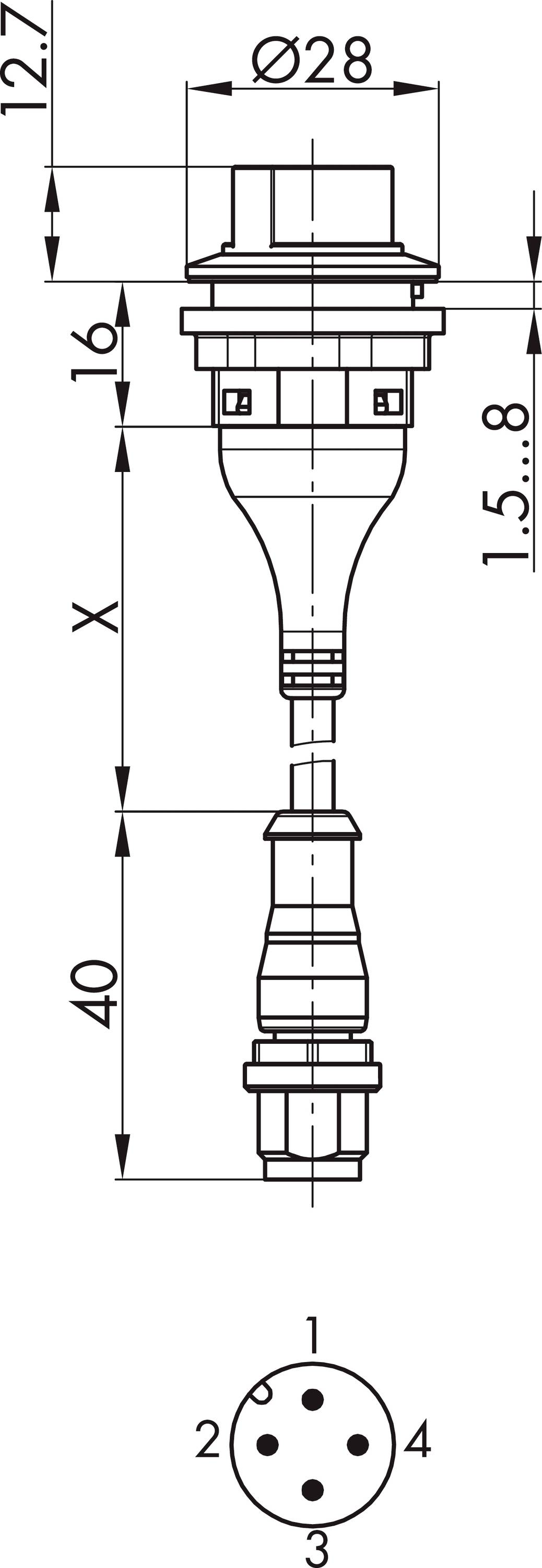 Technical drawing of an electrical connector, showing dimensions and pin configuration. Symmetrical design with measurements in millimetres.