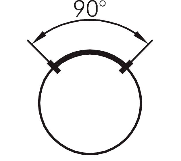 Diagram of a circle with an arched circular arc measuring 90 degrees. Two arrows indicate the direction of the arc.