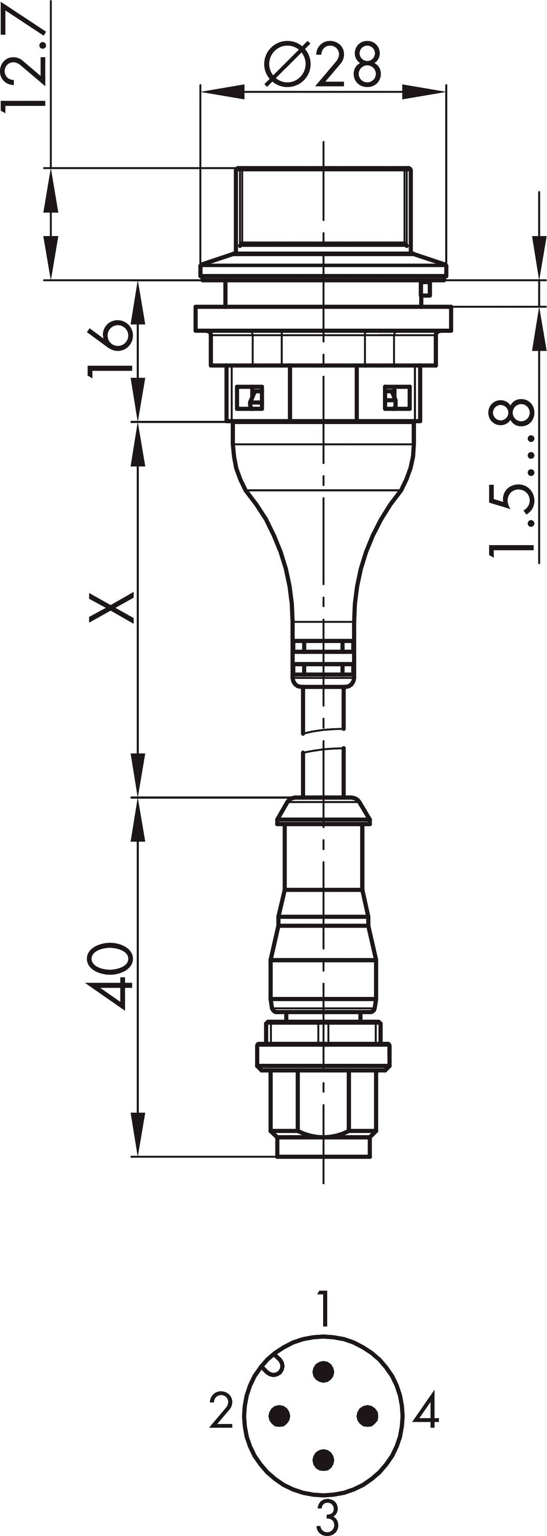 Technical drawing of a round plug with four pins, diameter 28 mm, length 40 mm. Side cross-section with dimensional specifications.