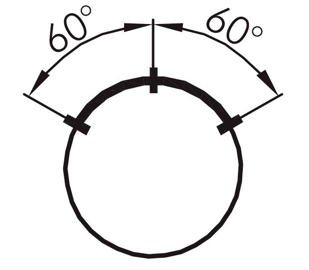 Circle with two marked points; two arrows indicating that the angle between the radius lines to these points is 60 degrees each.