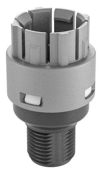 A grey metal component with a cylindrical body and a ribbed connection, potentially a technical part.