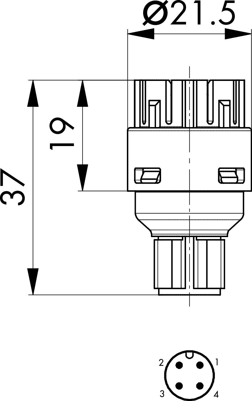 Drawing of a connector with dimensions: length 37 mm, diameter 21.5 mm. Four-pin connection shown below.