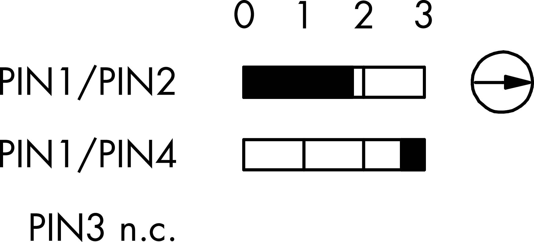 Diagram of an electrical component with connections PIN1/PIN2 and PIN1/PIN4. PIN3 is not connected. Contains symbols for logic levels.