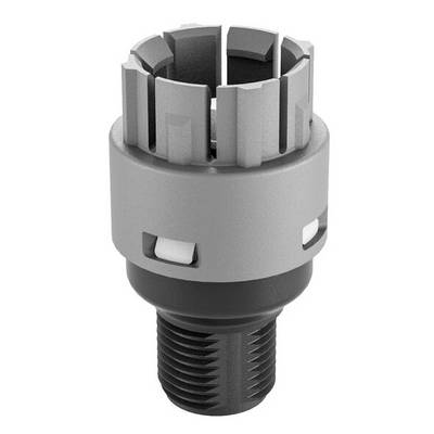 A silver, cylindrical metal component with a serrated top surface and threaded base, possibly a machine part.