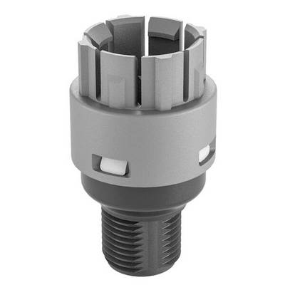 A silver mechanical engineering component with a cylindrical shape and multiple rectangular recesses on the top surface.