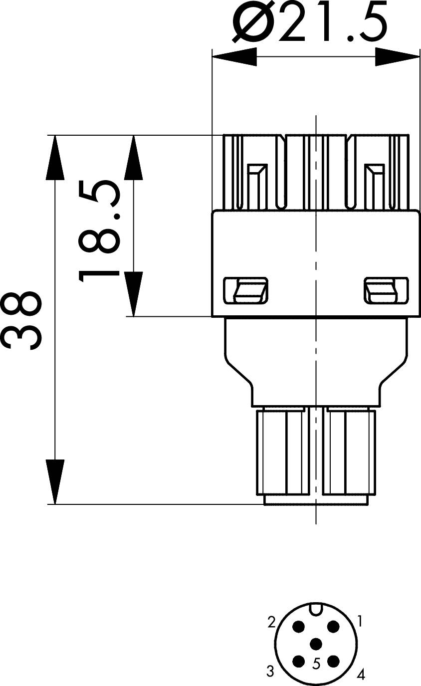 Technical drawing of a connector. Dimensions: Diameter 21.5 mm, height 38 mm. Detailed view with pin layout.