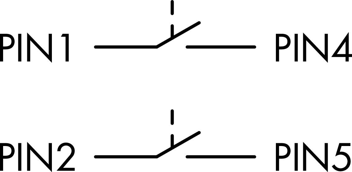 Schematic of a two-pole switch: 'PIN1' connected to 'PIN4', 'PIN2' connected to 'PIN5'. Lines show switching connections.