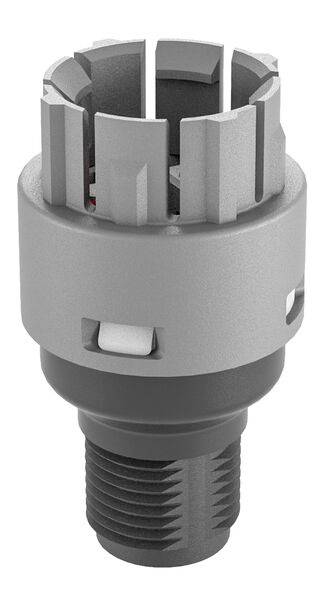 Grey, cylindrical metal insert with threaded ridges and multiple slots at the tip, presumably a technical component.