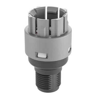 Grey, cylindrical metal insert with threaded ridges and multiple slots at the tip, presumably a technical component.