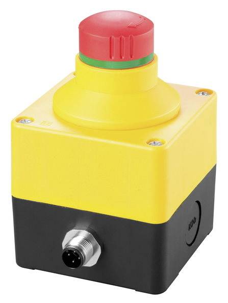 Yellow emergency stop switch with a red button, mounted on a black and yellow housing with metal connection at the bottom.
