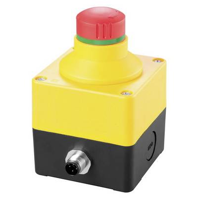 Yellow emergency stop switch with a red button, mounted on a black and yellow housing with metal connection at the bottom.