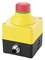 Yellow emergency stop switch with a red button, mounted on a black and yellow housing with metal connection at the bottom.