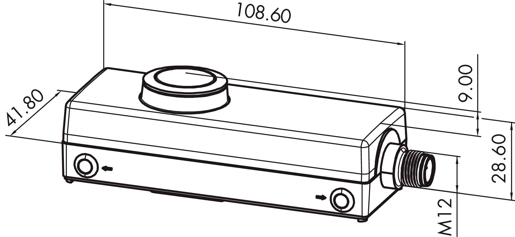 Technical drawing of a rectangular sensor with dimensions. Length: 108.60 mm, Height: 41.80 mm, Width: 9 mm. Connection: M12.