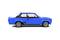 Blue model car in profile with a spoiler and sporty design, similar to a classic saloon car.
