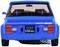 A blue Fiat 131 Abarth Rally from behind, with distinctive rear lights and twin exhaust pipes.