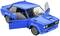 Blue model car with open doors, showing the interior and details such as mirrors and headlights.