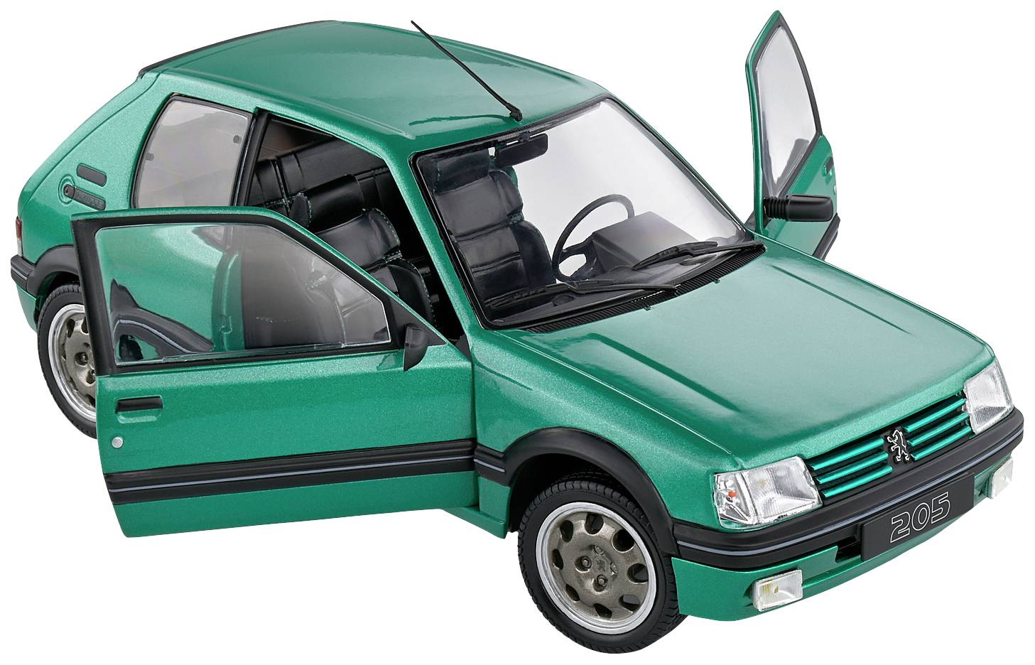 A green model car of the Peugeot 205 with open doors. View of the interior with seats and steering wheel. The car is stationary.
