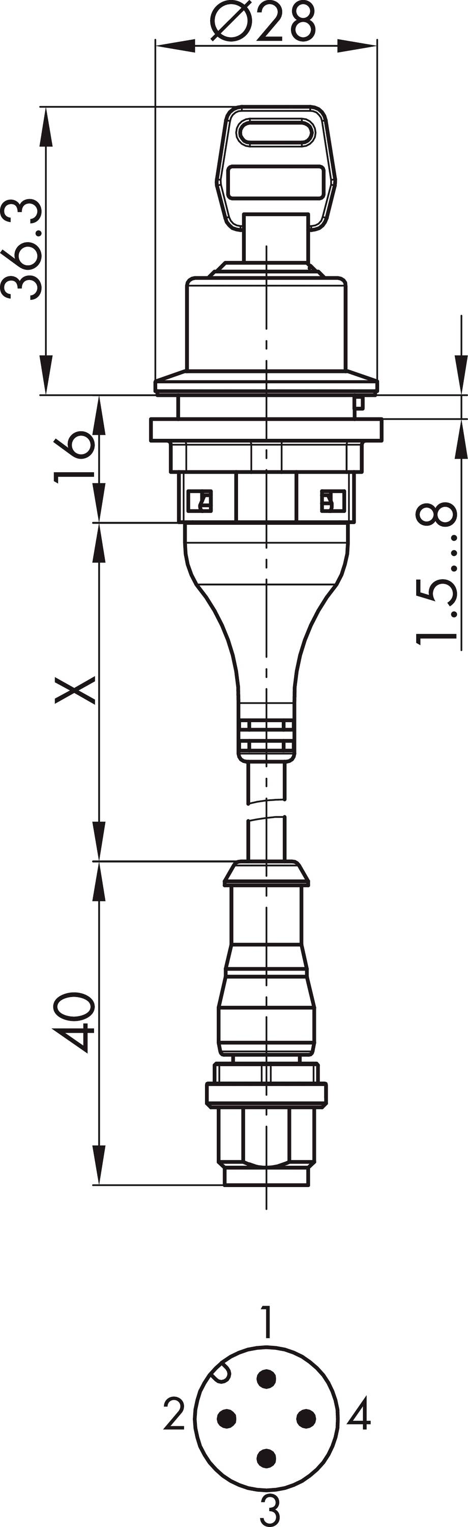 Technical drawing of an electrical plug with dimensional specifications. Key dimensions: Length 40mm, Diameter 28mm. Top view shows 5-pin socket.