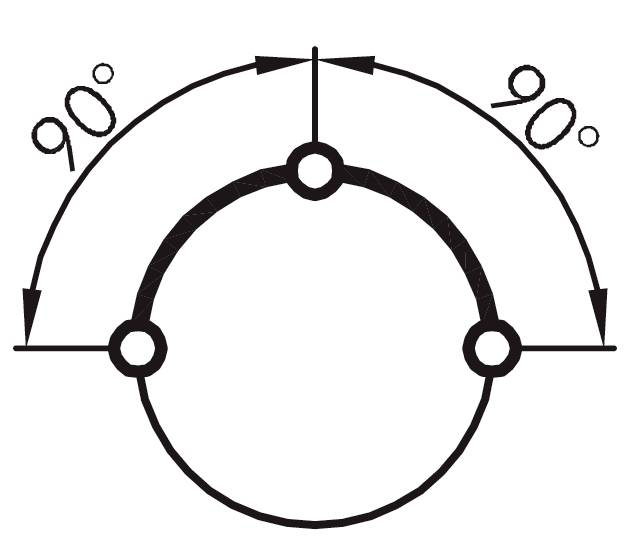 Diagram of a circle with two 90-degree angles, pointing to opposite diameter points that are symmetrically connected along an arc.