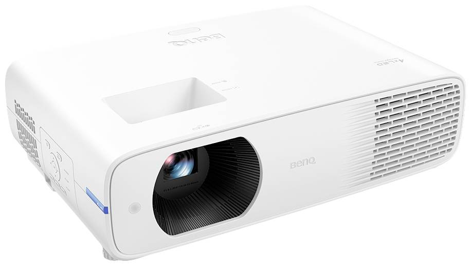 A white projector with an open lens faces forward. Ventilation slots are visible on the side. Suitable for presentations.
