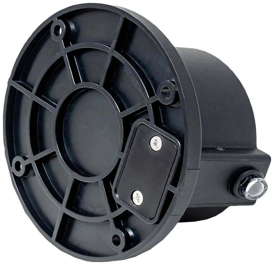 Black, cylindrical speaker with a round front grille and two visible screws on the side.