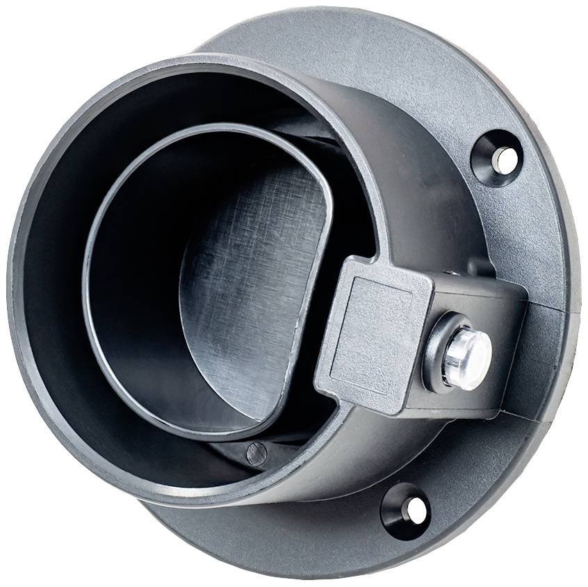 Round grey ventilation grille with screw holes for mounting, suitable for indoor ventilation systems.