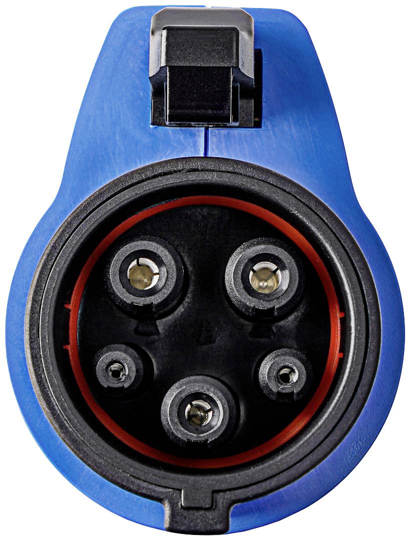 'Electric plug connector in close-up, five metal contacts visible. Used for vehicle charging, blue housing.'