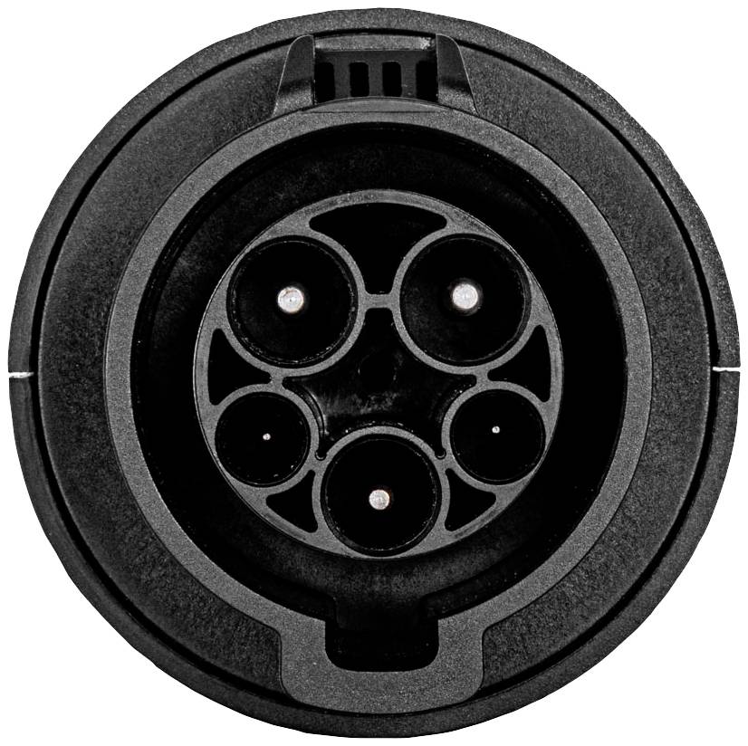 Close-up of a Type 2 connector for electric vehicles. The round plug with multiple pins is used for charging electric cars.