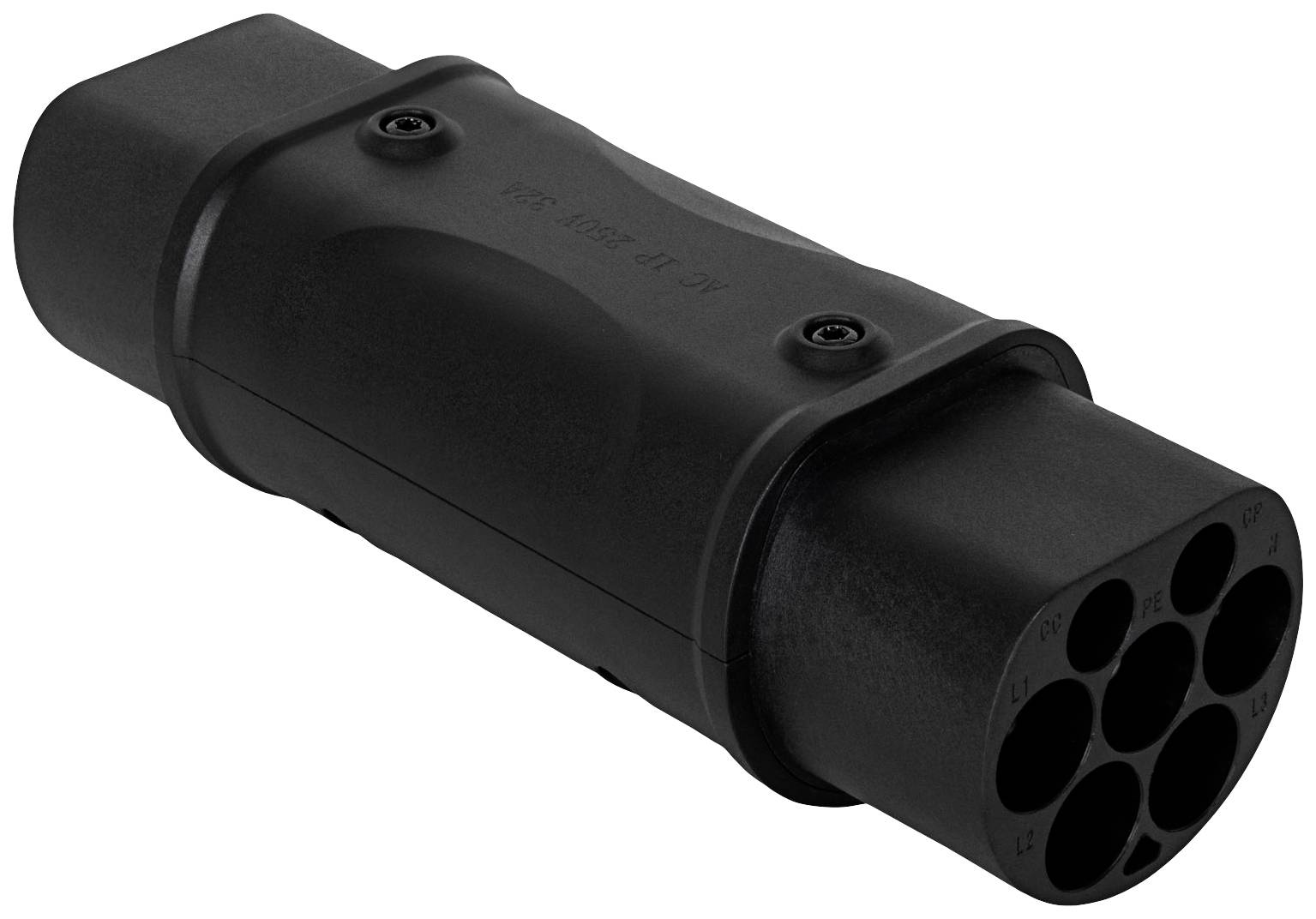 A black multi-socket adaptor with several round sockets, suitable for connecting electrical cables.