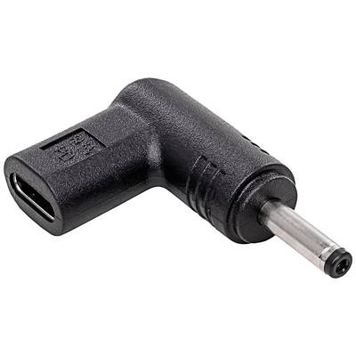 A black adapter with a USB port on one side and a DC jack on the other, positioned at a 90-degree angle.