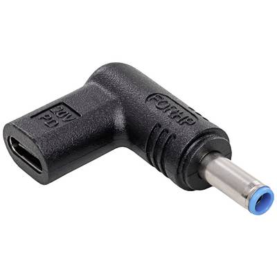 A black angled adapter with a USB-C socket and blue plug end, marked with '20V PD'. Connects USB-C to round pin plug.