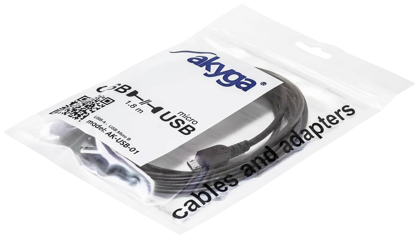 A black micro-USB cable, 1.8 m long, in packaging labelled 'Akyga', 'micro USB', and 'cables and adapters'.