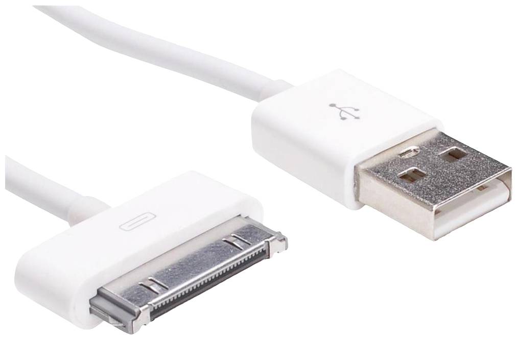 White USB charging cable with a USB-A plug and a 30-pin connector for older devices.