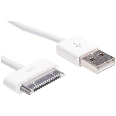White USB charging cable with a USB-A plug and a 30-pin connector for older devices.