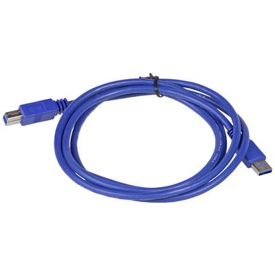Blue USB cable, both ends visible, one with a USB-A plug and the other with a USB-B plug. For computer connections.