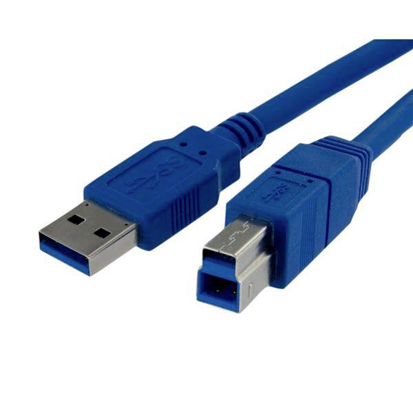 A blue USB cable with a typical USB-A plug on the left side and another rectangular connector on the right side.