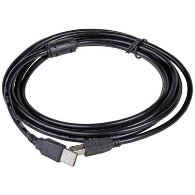 Black USB cable with standard plugs and ferrite cores for noise suppression; suitable for data transfer and charging.
