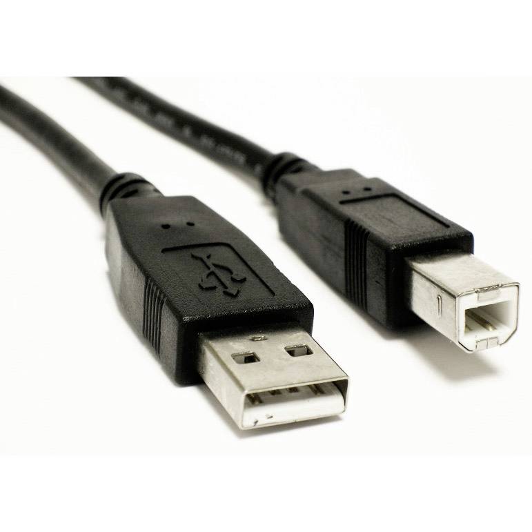 Black USB cables with standard USB connector (left) and square USB-B connector (right) on white background.