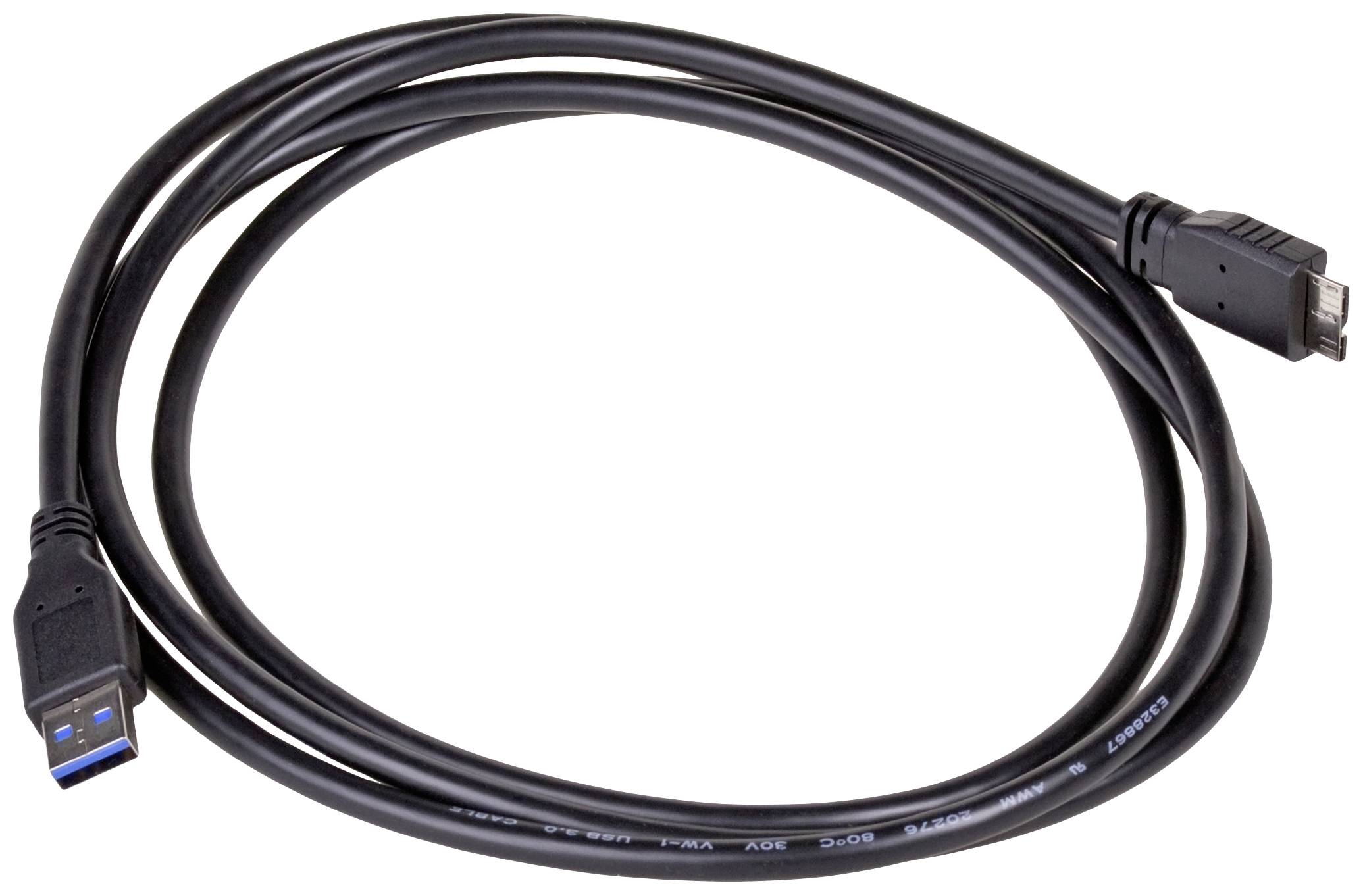 USB cable, black, with blue USB-A connector and Micro-USB connector. Commonly used for data transfer and charging.
