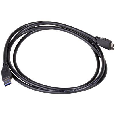 USB cable, black, with blue USB-A connector and Micro-USB connector. Commonly used for data transfer and charging.