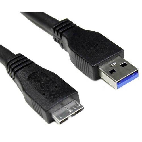 A black USB 3.0 cable with a blue marker, featuring a standard USB plug on one end and a micro-USB plug on the other.