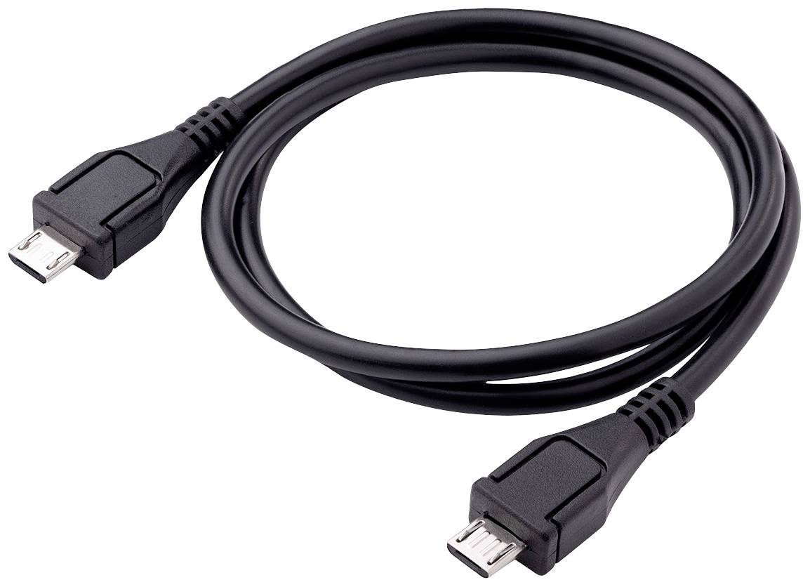 A black USB cable with micro-USB connectors at both ends, commonly used for charging or data transfer between devices.