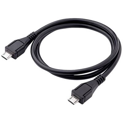 A black USB cable with micro-USB connectors at both ends, commonly used for charging or data transfer between devices.