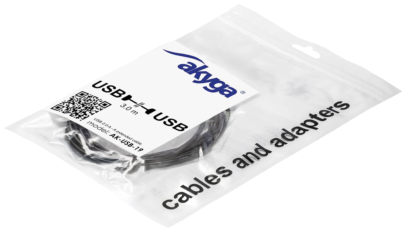 Akyga USB cable USB-A plug, USB-A socket 3.00 m Black AK-USB-19