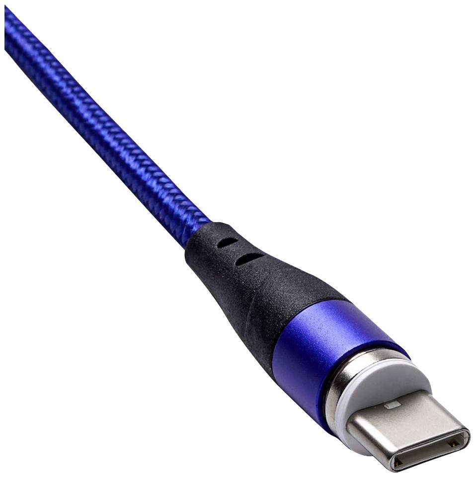 A blue USB-C cable with a black connector, used for connecting mobile devices and computers.