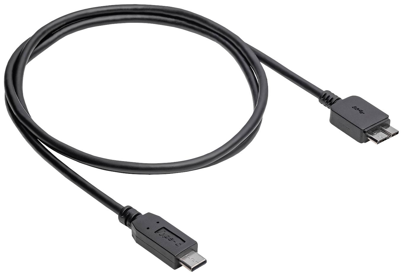 A black USB cable with a micro-USB connector, coiled in an oval shape.
