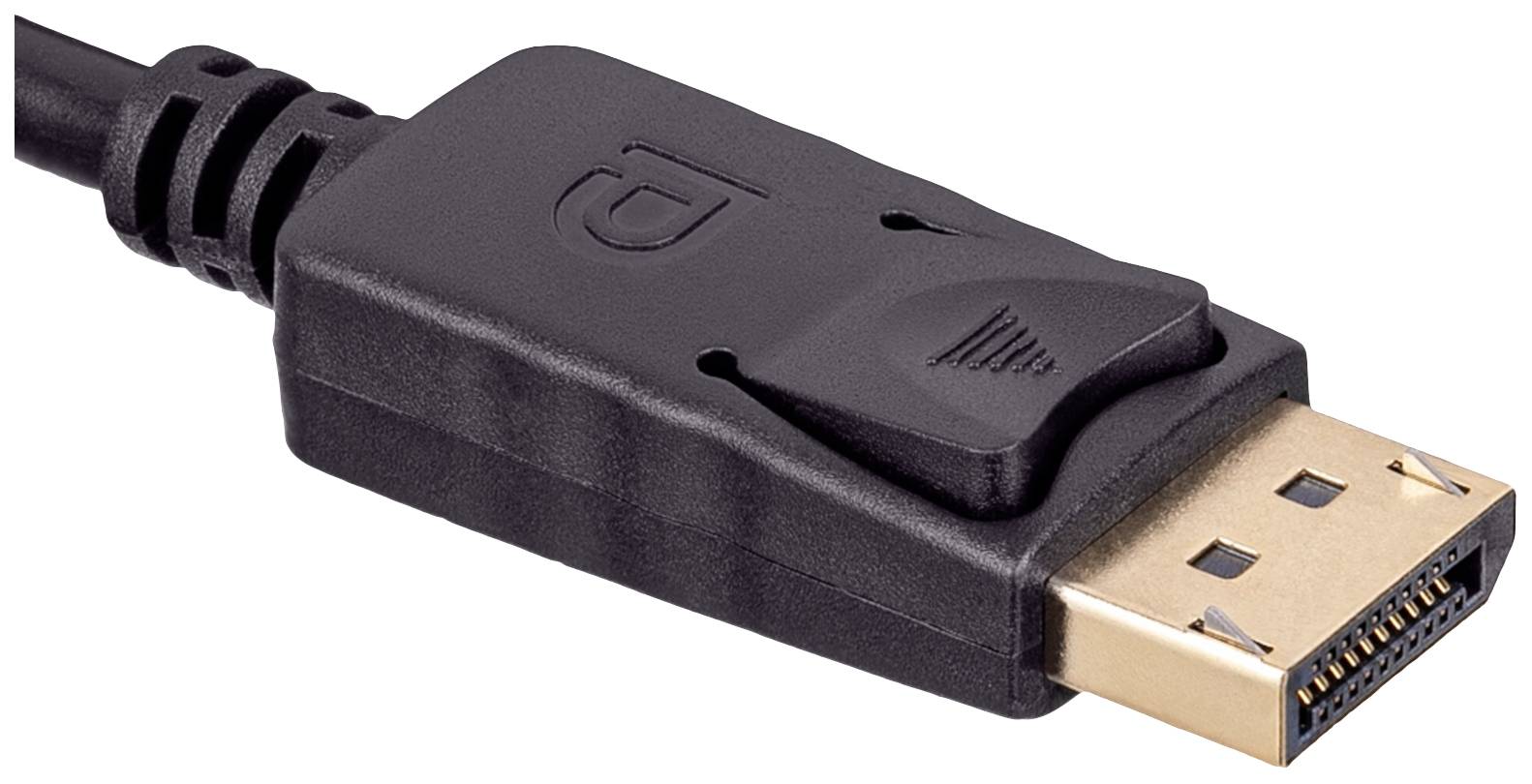 A black DisplayPort plug with a gold-coloured connector.