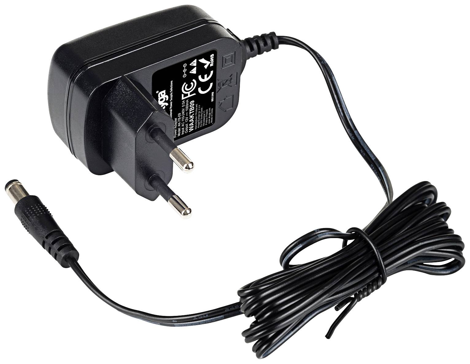 Black and grey power supply with EU plug and long cable. Suitable for charging electronic devices. Printed with technical specifications.